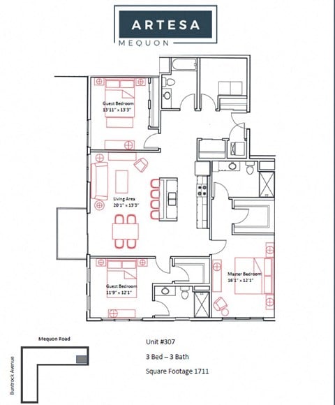 Floor plan for 3 beds, 3 baths, 1711 sqft